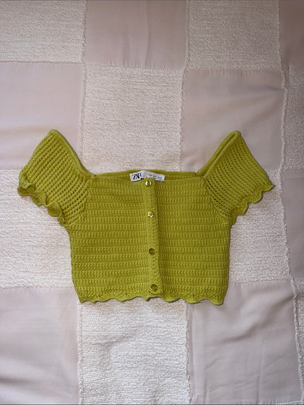 Zara Chartreuse Knit Cropped Button Cardigan